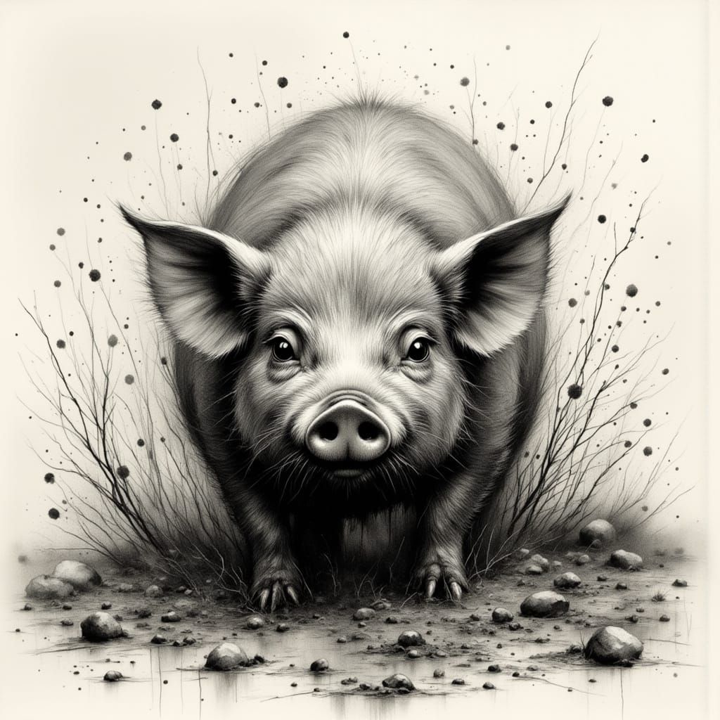 Pig in Mud: Hyperdetailed Charcoal Sketch