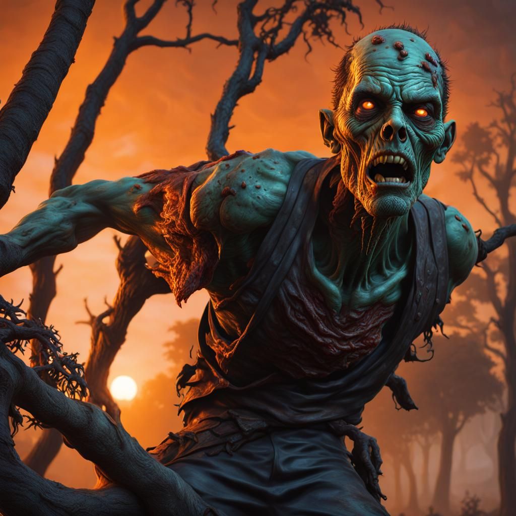 Hyperrealistic Zombie Climbs Tree in Orange Sunset