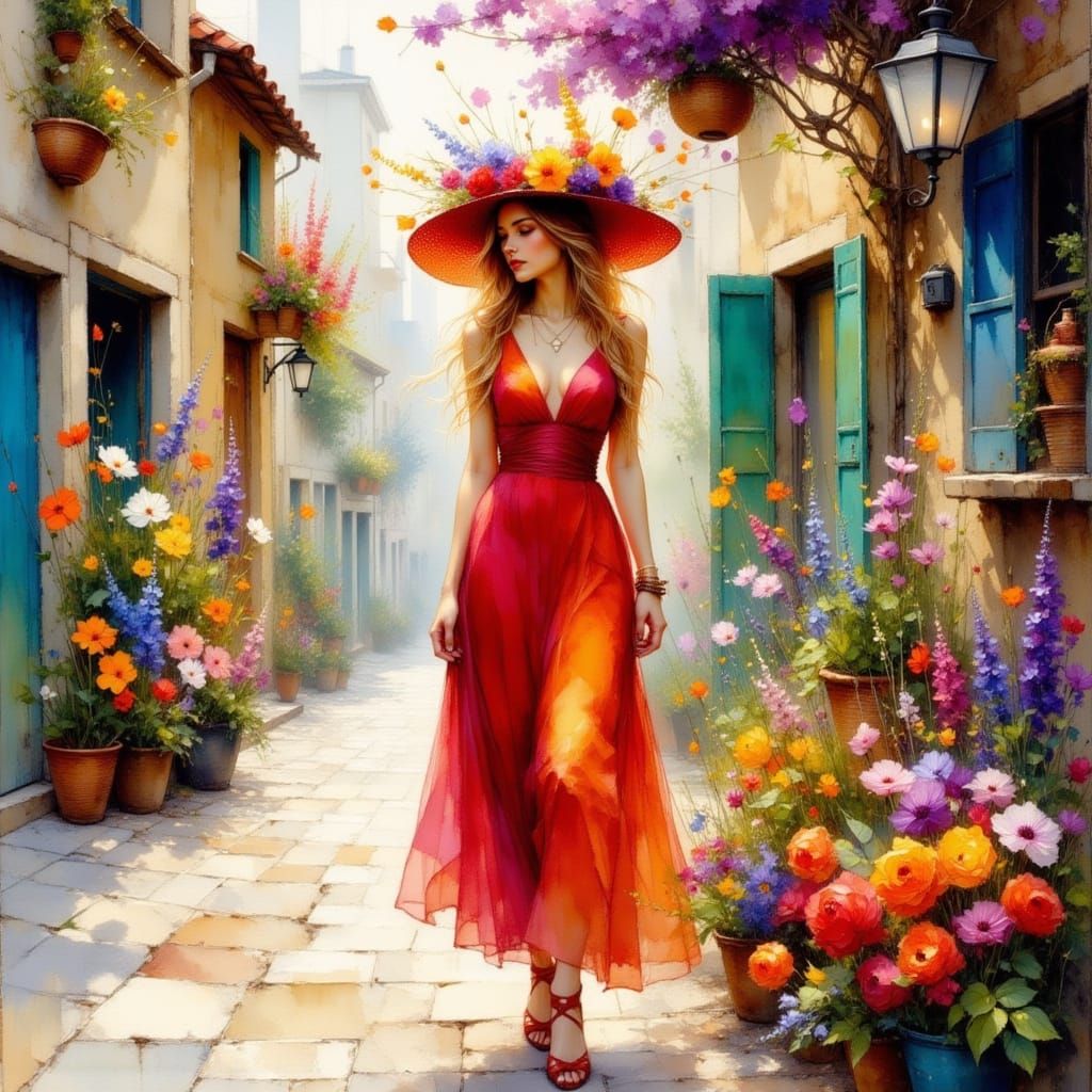 Woman in Red Dress Admiring Flowers in European Cafe Scene