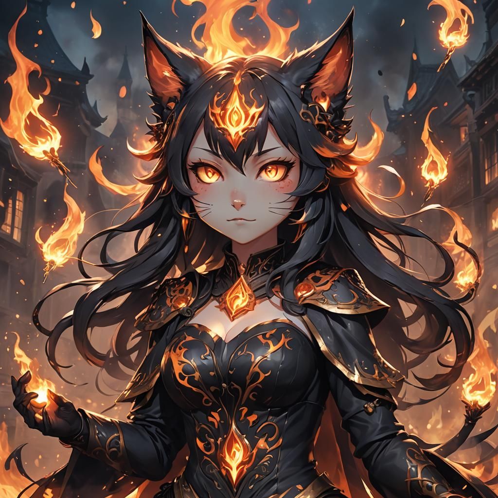 Anime Cat-Girl Pyromancer Portrait in 3D Style