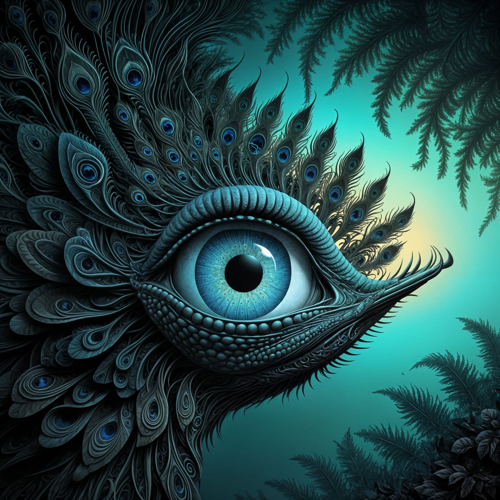 Ethereal Mandelbrot Fractal Landscape with Vibrant Peacock