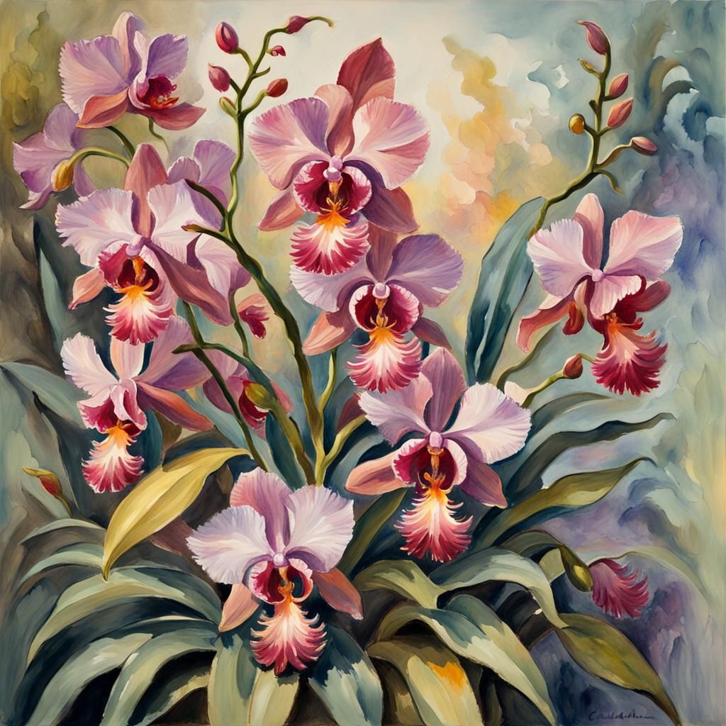 Orchids in Gouache Style Watercolor Painting