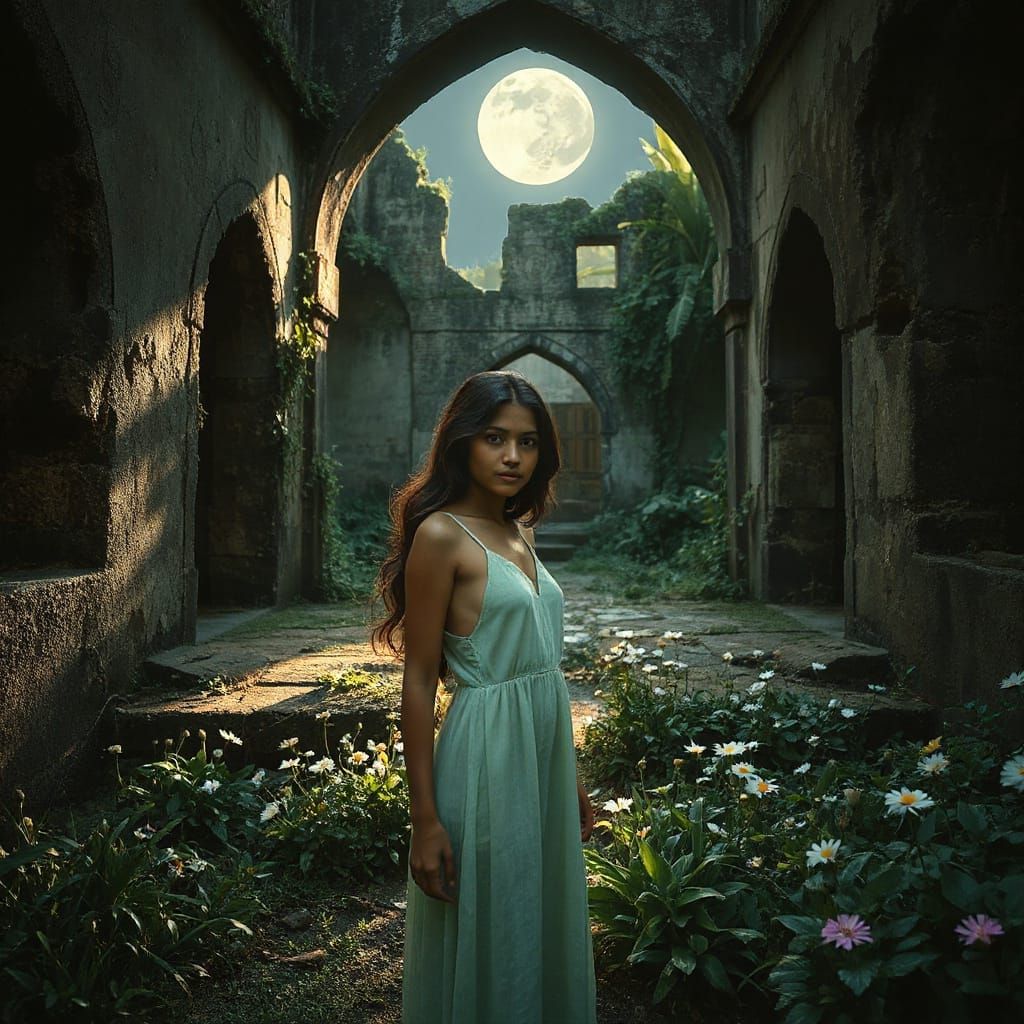 Bohemian Sanctuary in Moonlit Ruins with Sri-Lankan Woman