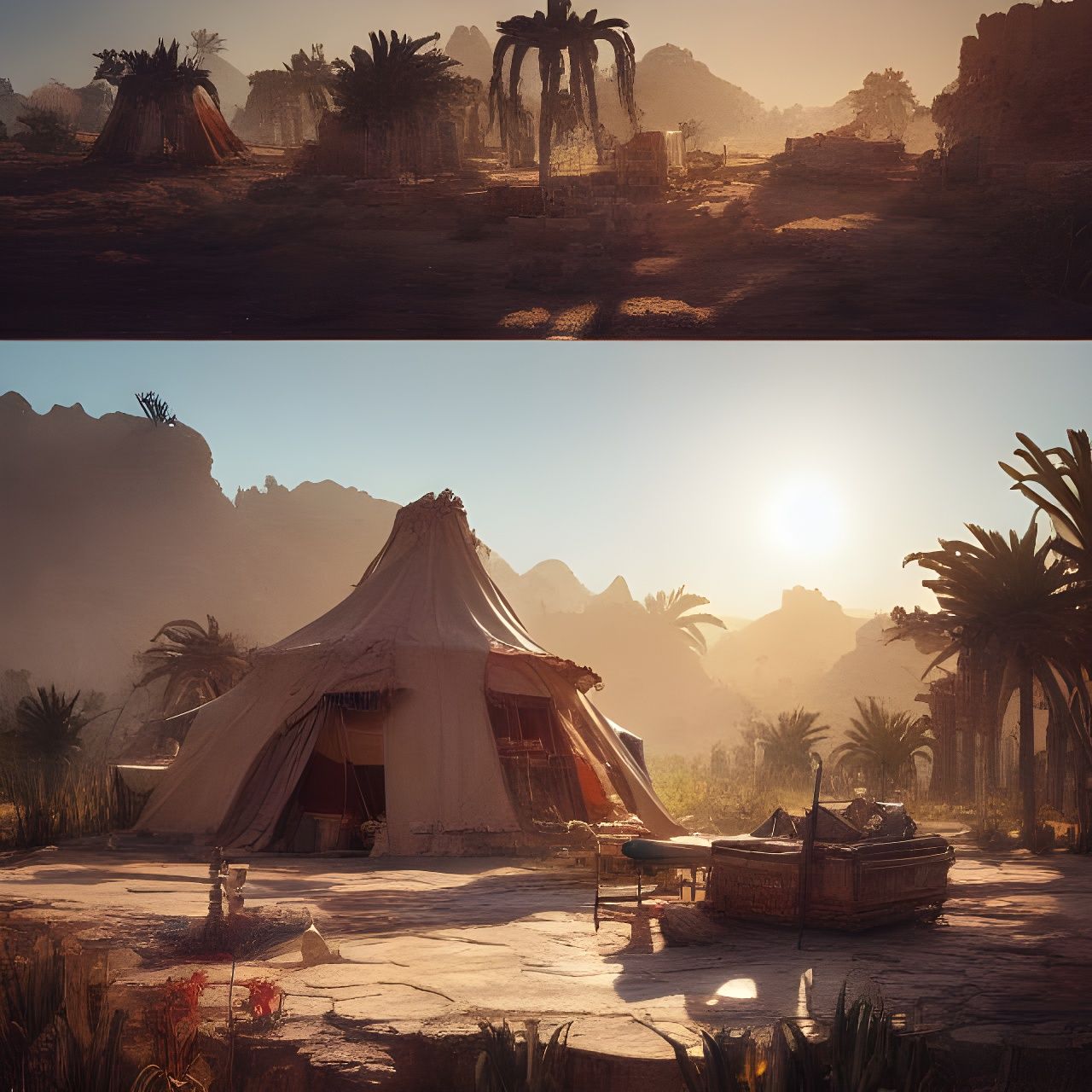Lush Desert Oasis Nomadic Camp, Hyperdetailed Fantasy Art