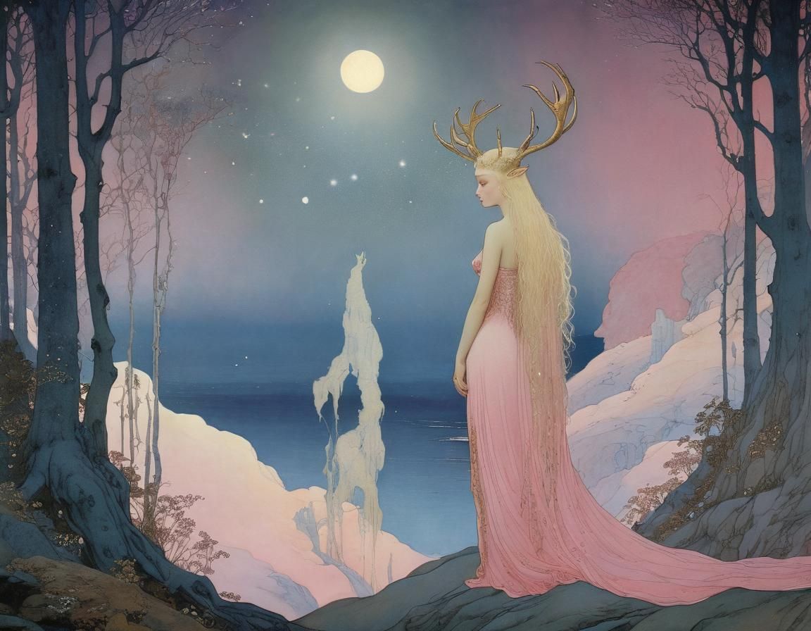 Fantasy Woman with Antlers in Graphic Novel Style