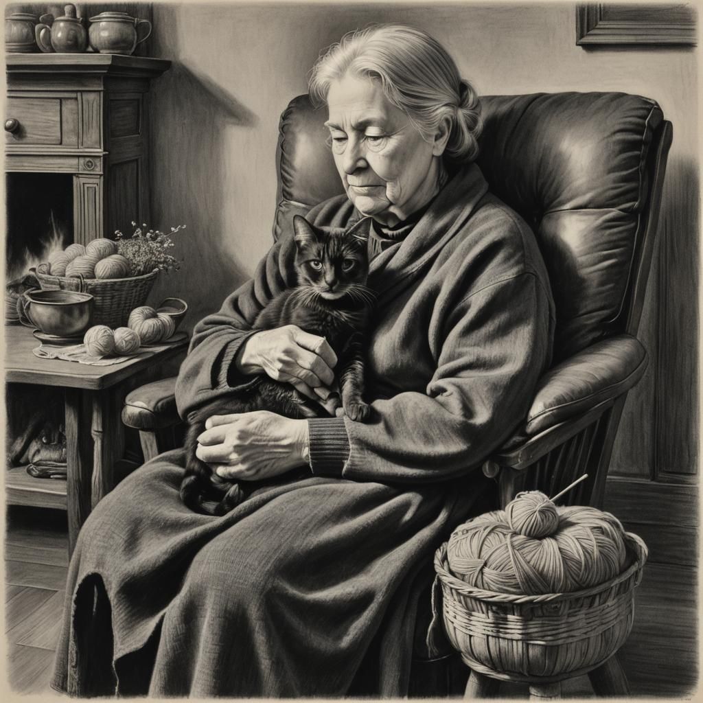 Grandmother Knitting in Cozy Armchair, Charcoal Drawing