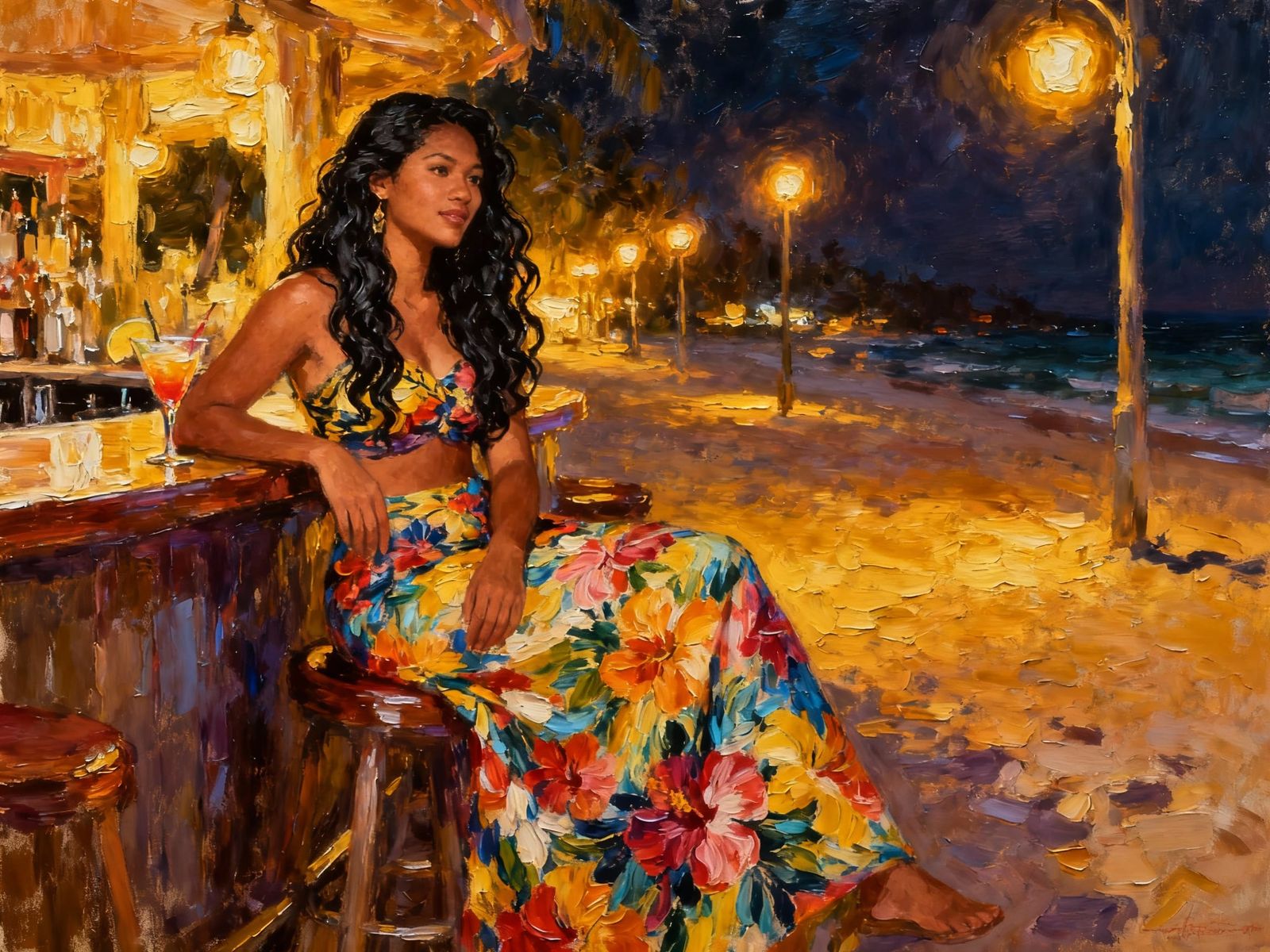 Polynesian Woman at Beach Bar in Impasto Oil Style