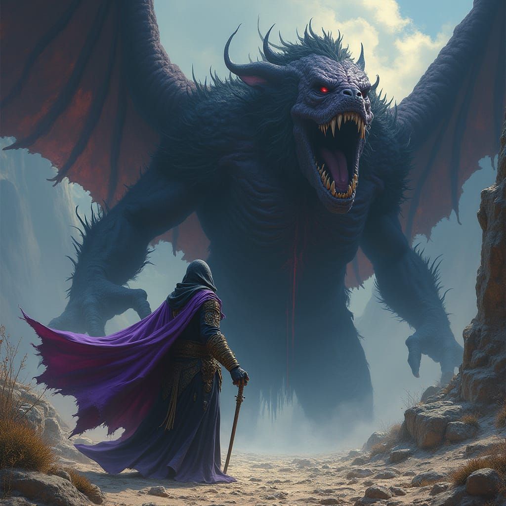 Black Wizard Battles Colossal Beast in Dark Fantasy Scene