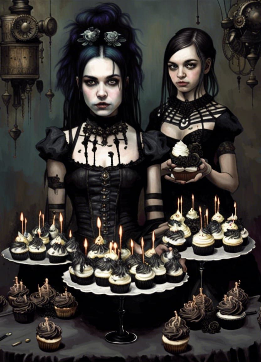 Steampunk Goth Teens with Birthday Cupcakes