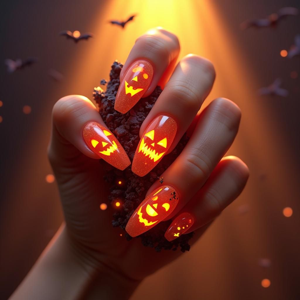 Halloween Nail Art with Jack-o-Lanterns and Bats