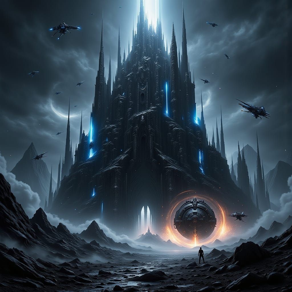 Tower Under Attack by Drones in Cyberpunk Style