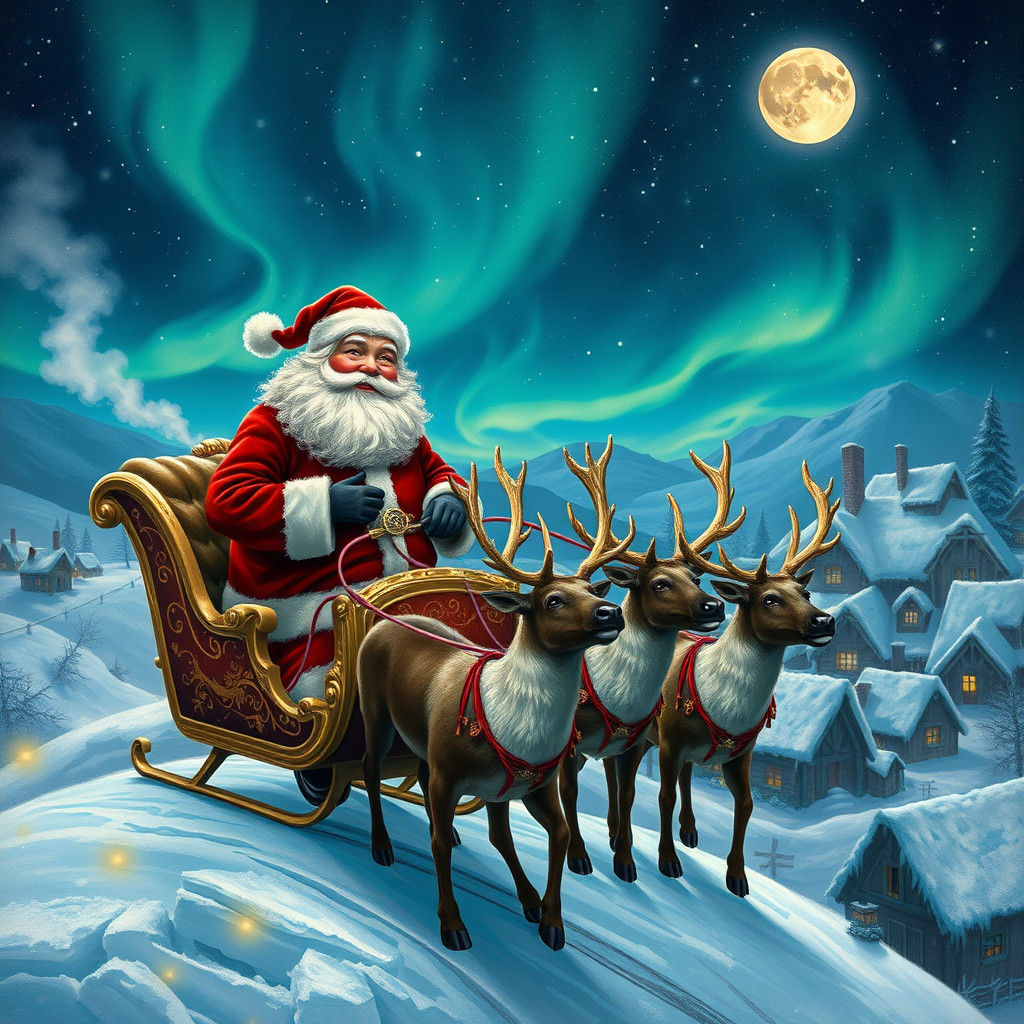 Santa's Sleigh Over Winter Village at Night