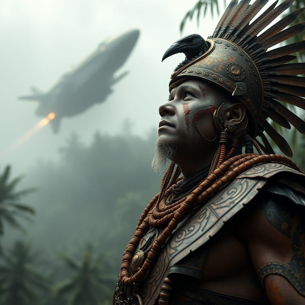 Aztec Warrior and Spaceship in Cyberpunk Style
