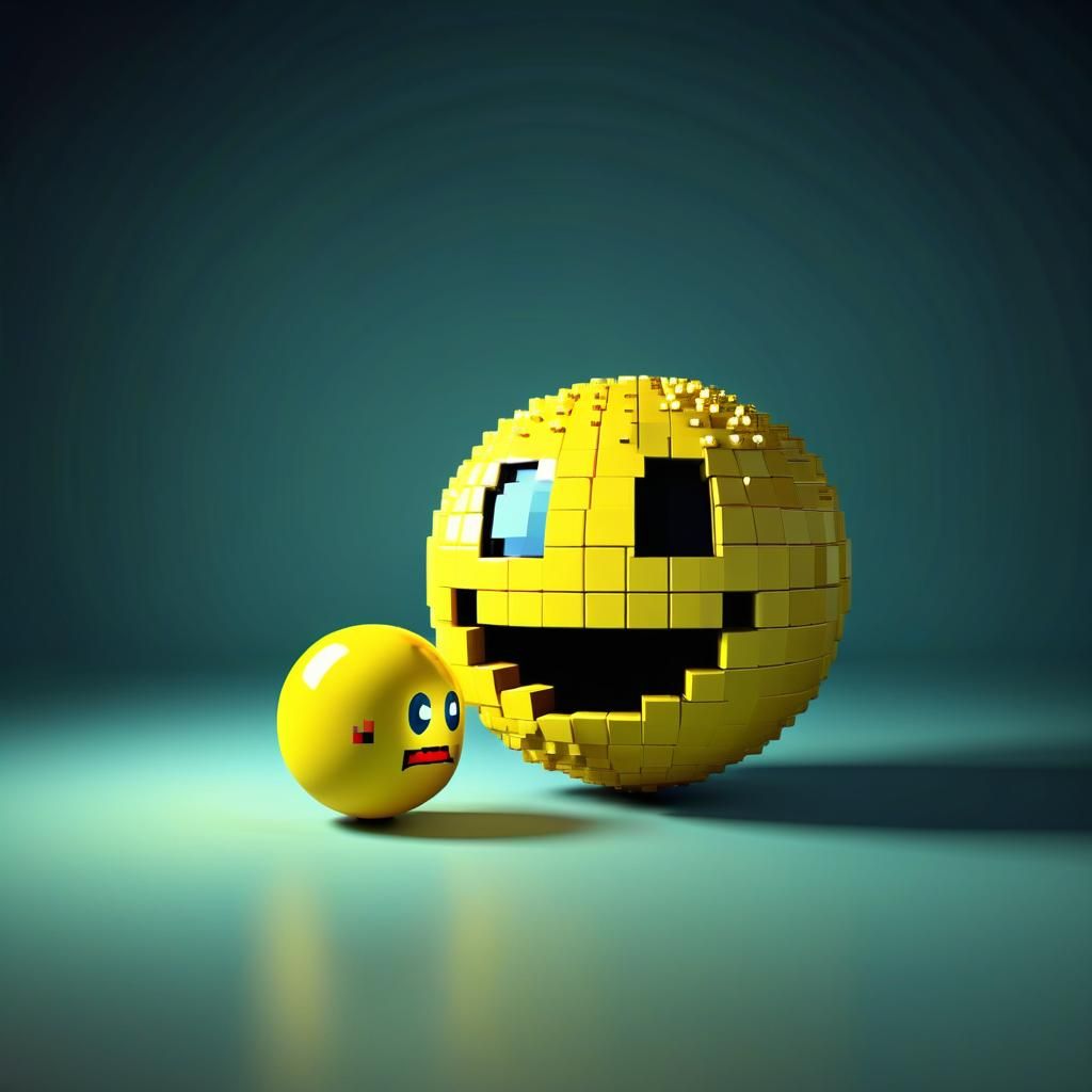 3D Pixel-Art Pac-Man Sphere in Retro Environment