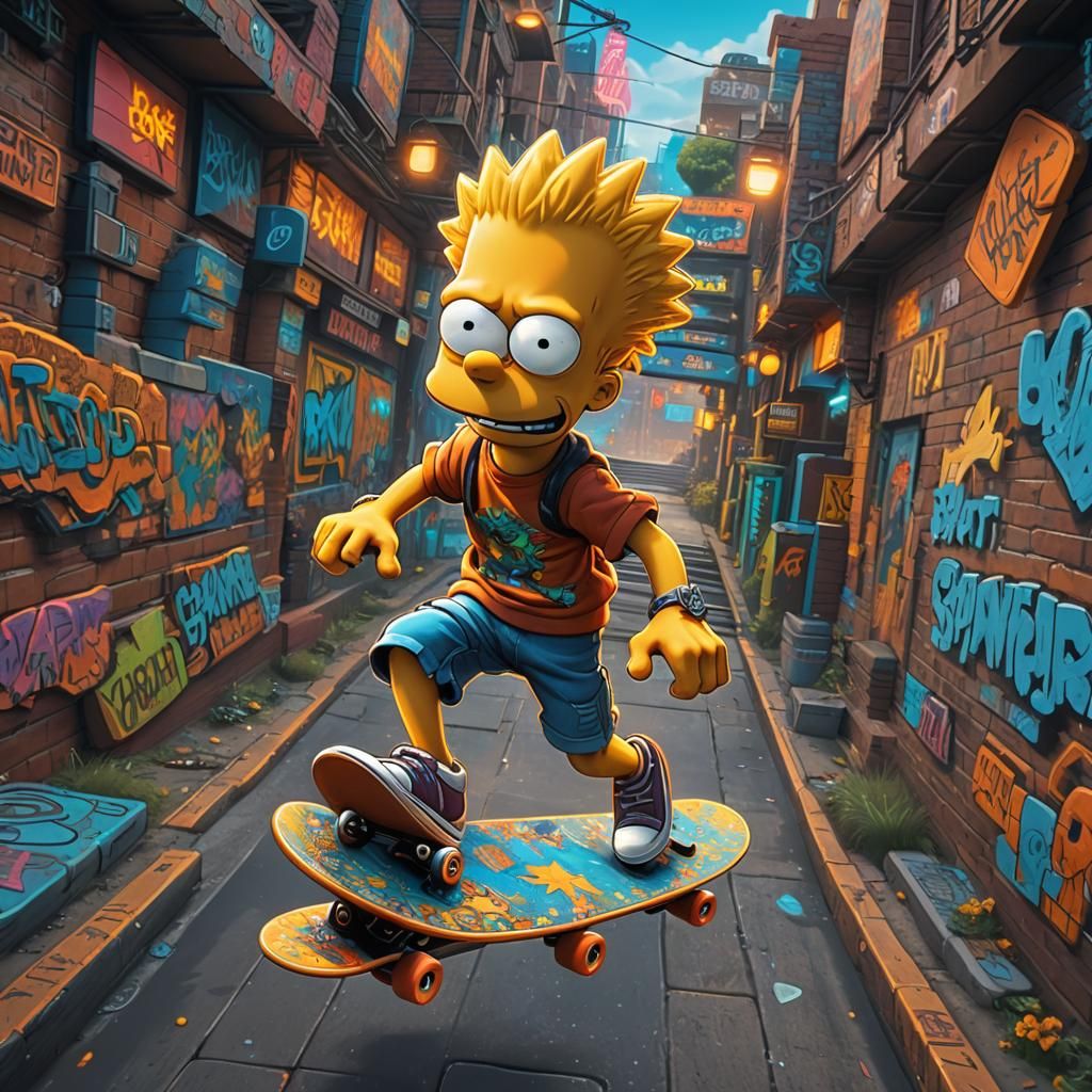 Realistic Bart Simpson Skateboarding in Springfield
