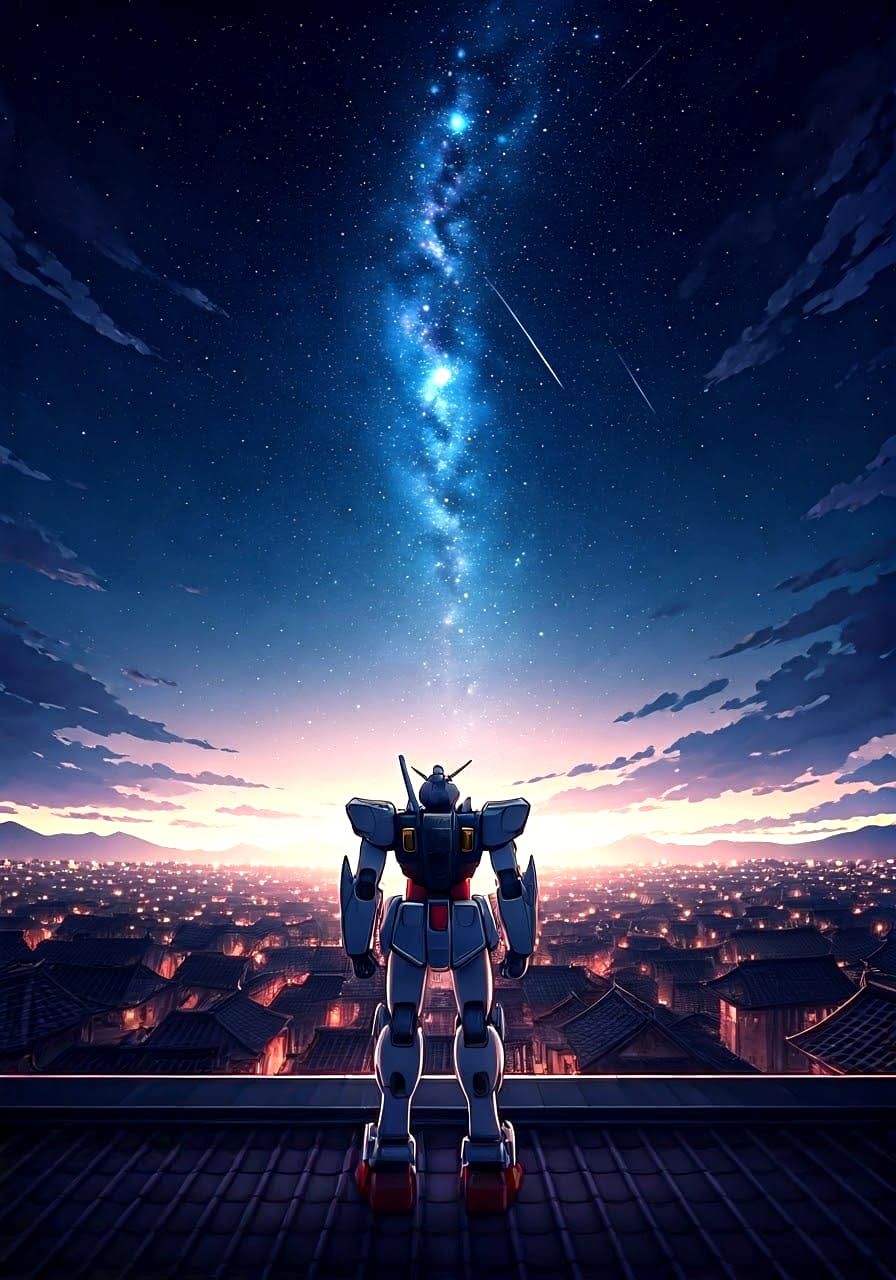 A contemplative anime-style mecha