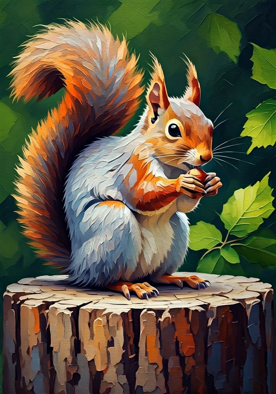 Expressive Impasto Painting of a Squirrel in a Vibrant Fores...
