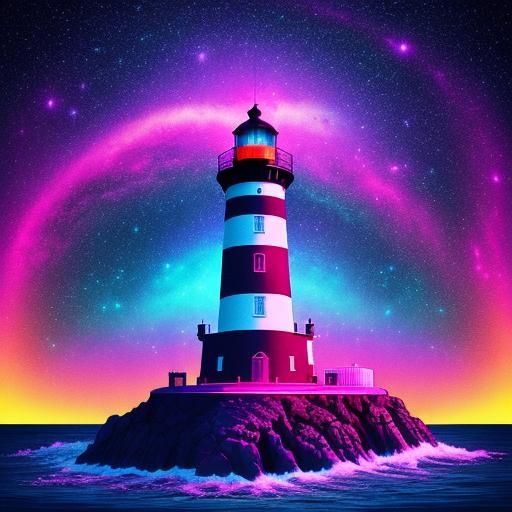 Neon Lighthouse Island in Synthwave Cosmic Scene