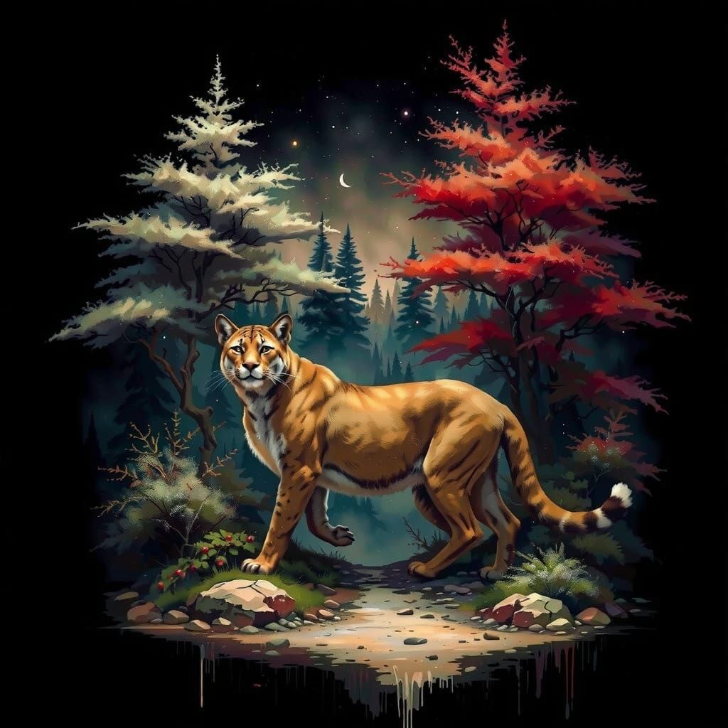 Winter Cougar in Mystical Snowy Forest
