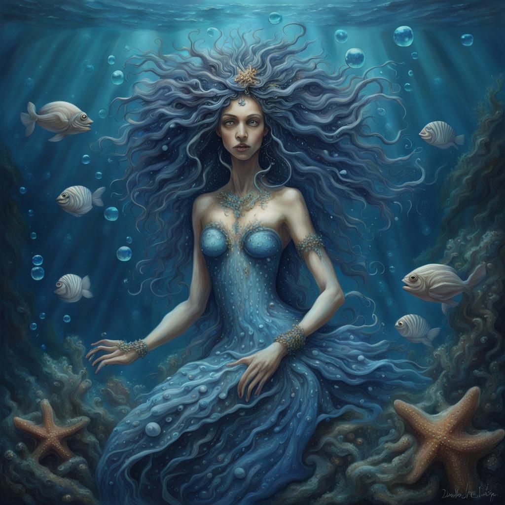 Underwater Blue Goddess with Starfish in Digital Art