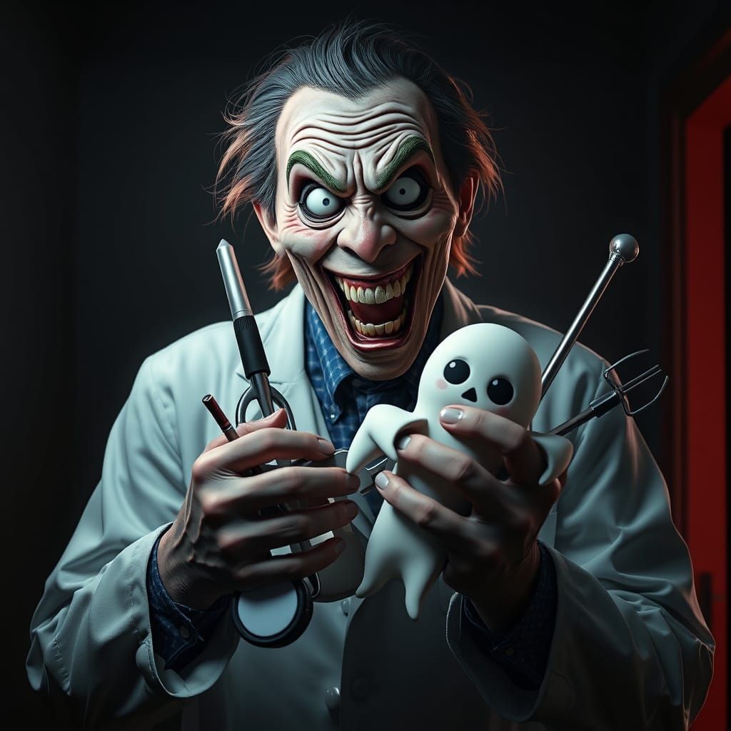 Crazed Doctor Clutches Ghost Doll in Horror Photo