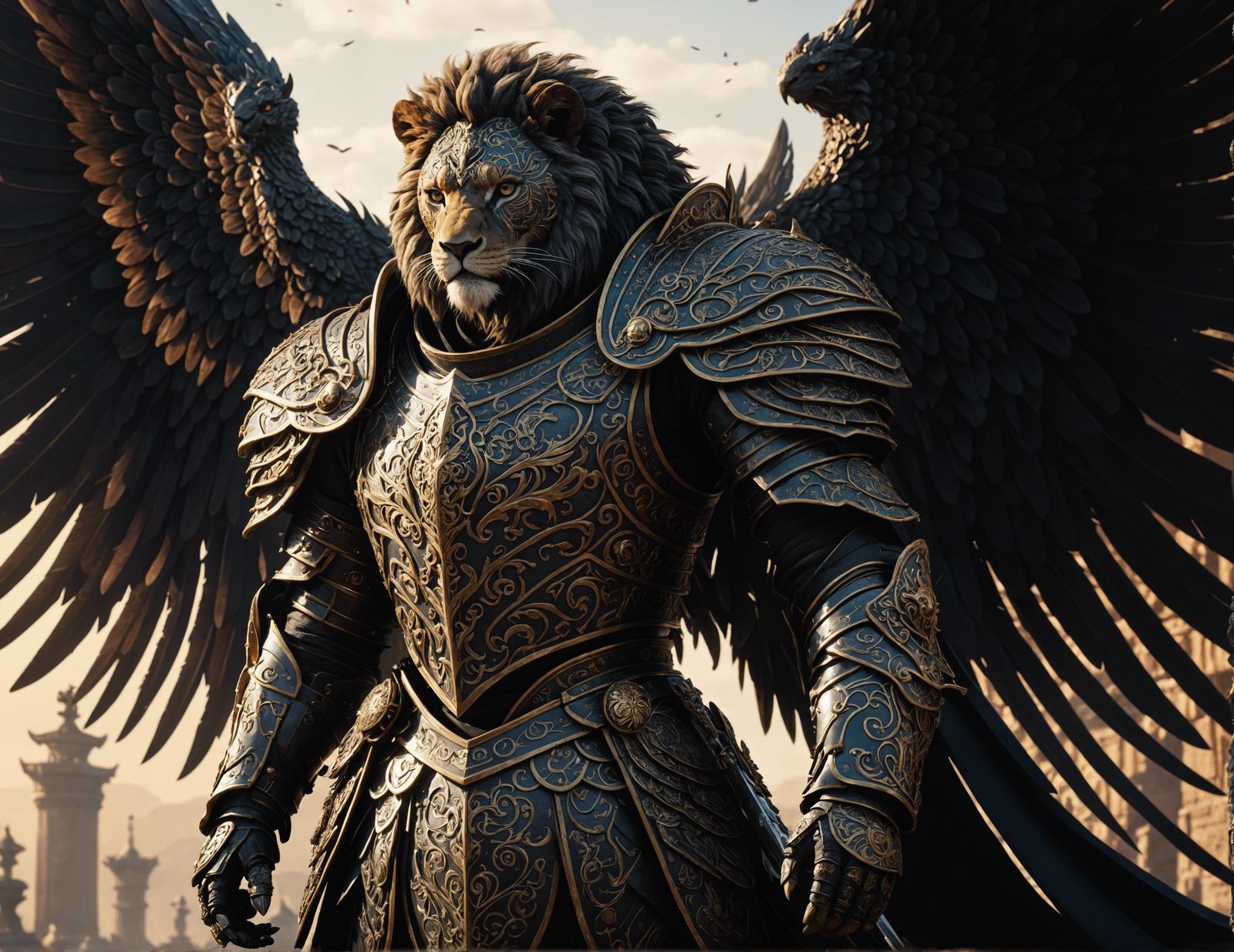 Winged Lion Swordsman in Intricate Battle Armor