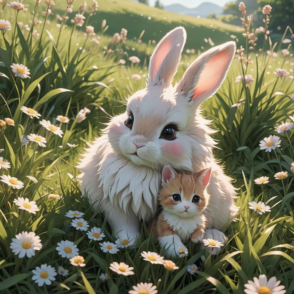Baby Bunny and Cat: 3D Anime Meadow Scene