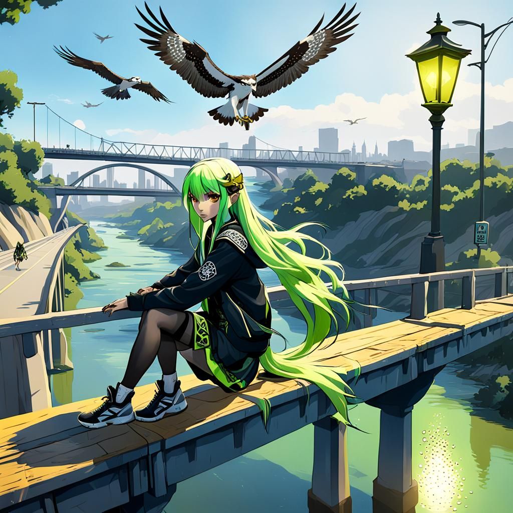 Anime Girl on Bridge with Osprey, Detailed Matte Painting