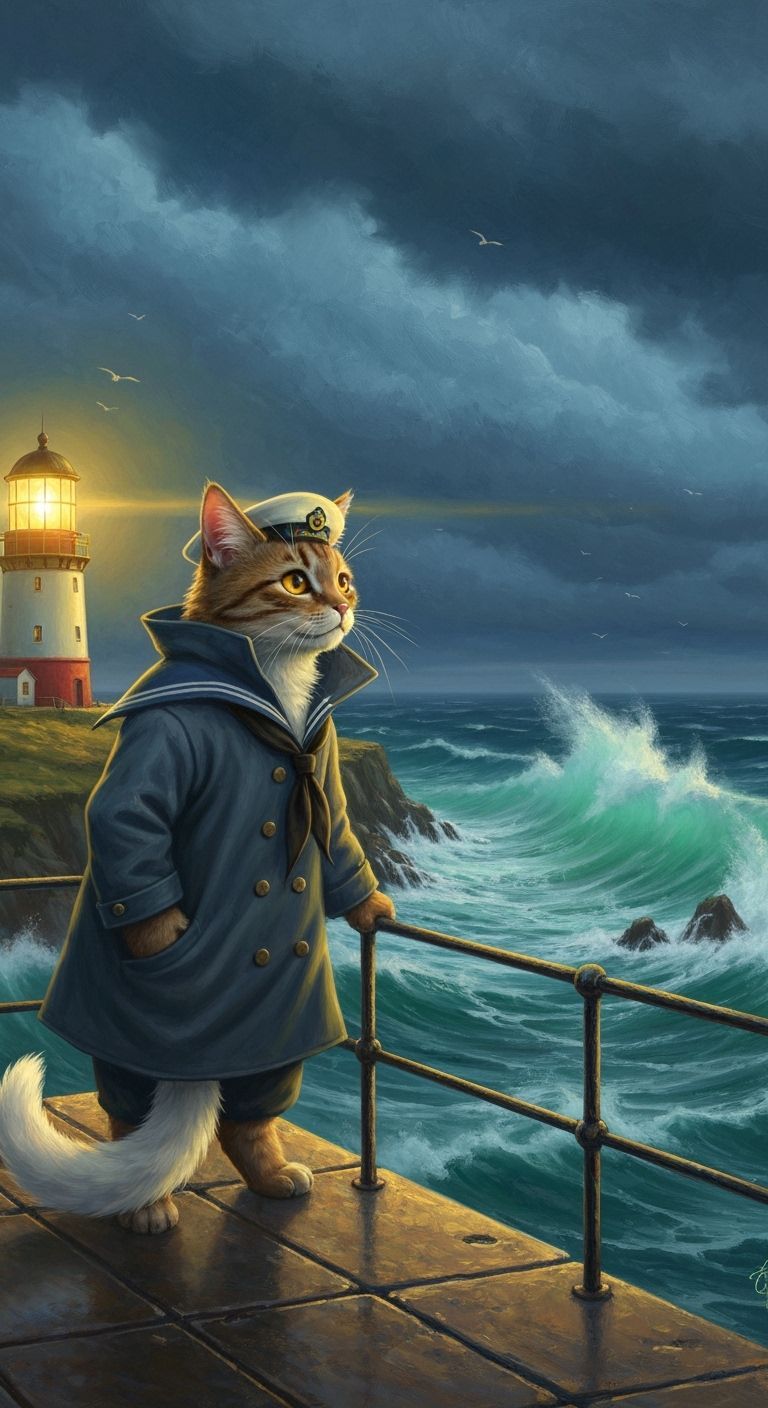 Anthropomorphic cat lighthouse keeper looking out to sea
