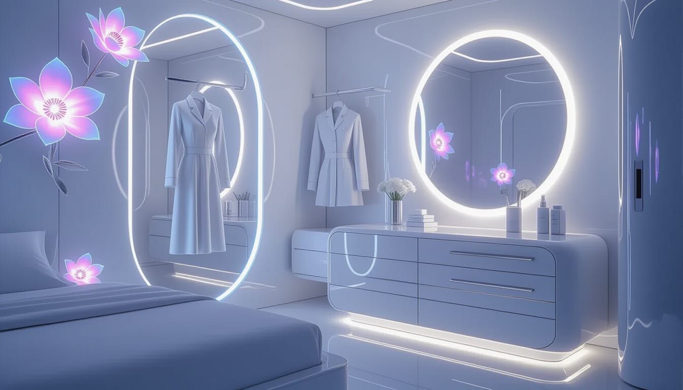 Futuristic Bedroom with Holographic Flowers in Minimalist St...
