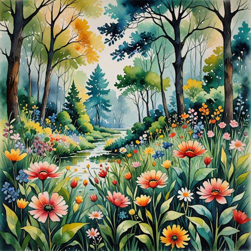 Ethereal Watercolor Flowers and Trees in Abstract Style