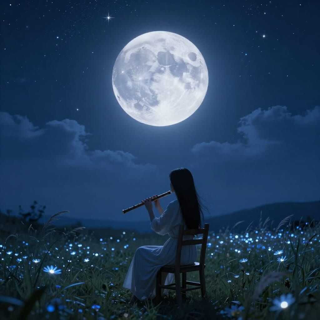 Woman Plays Flute Under Moonlit Starry Sky