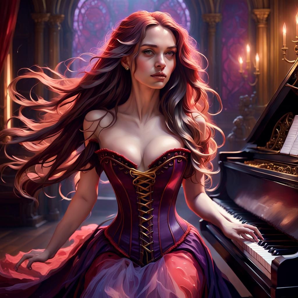 Pianist in Red Dress: Dark Fantasy Concept Art
