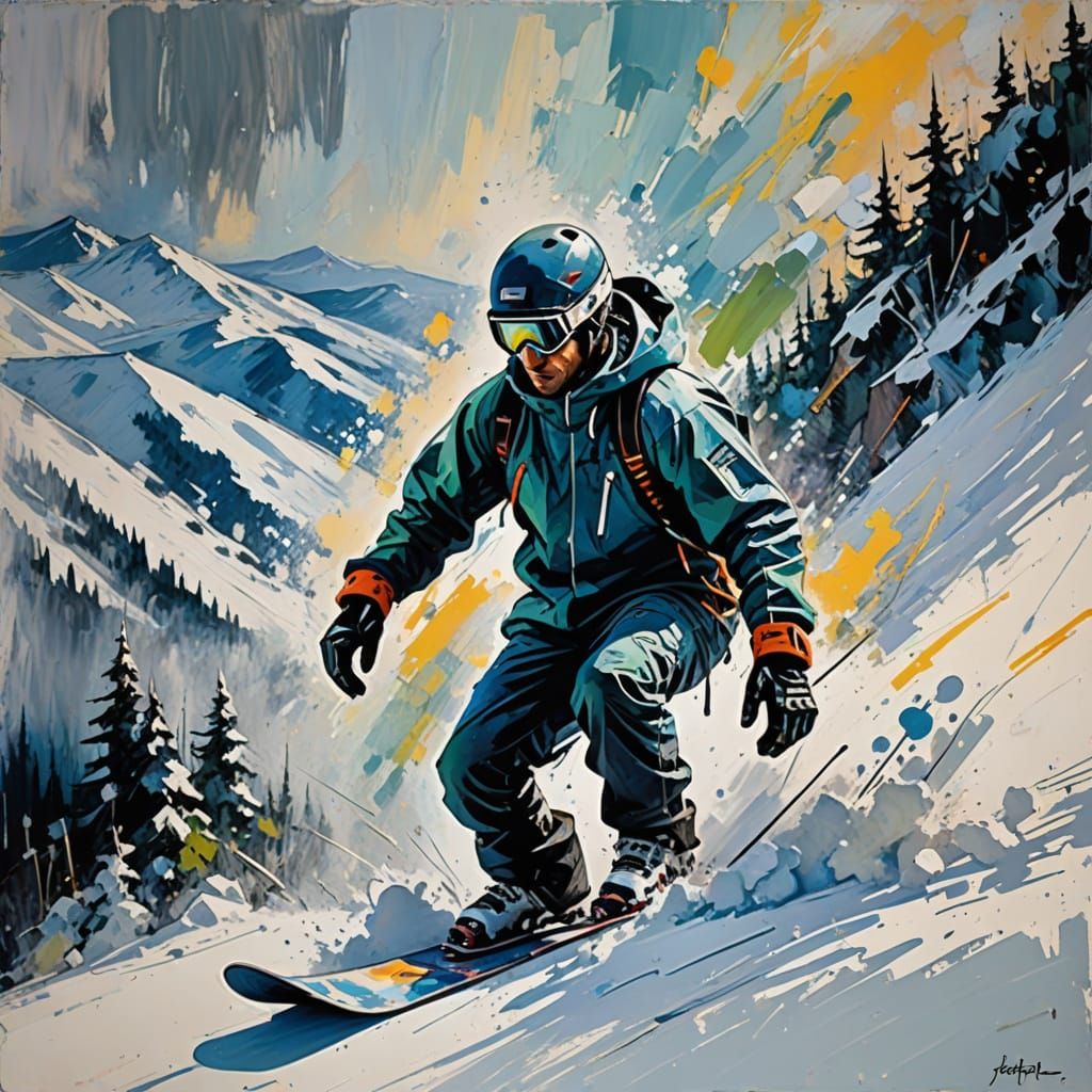 Snowboarder in Abstract Expressionist Mountain Landscape