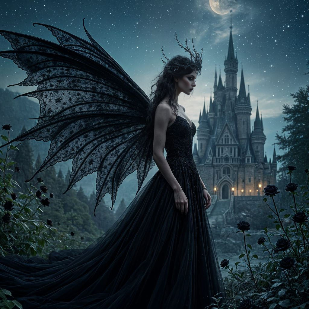 Ethereal Faerie Queen of Night Amidst Gothic Castle and Blac...