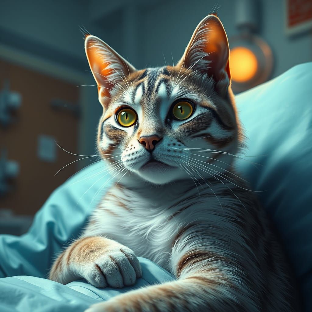 Futuristic Hospital Scene with Nursing Cat in Stunning Detai...