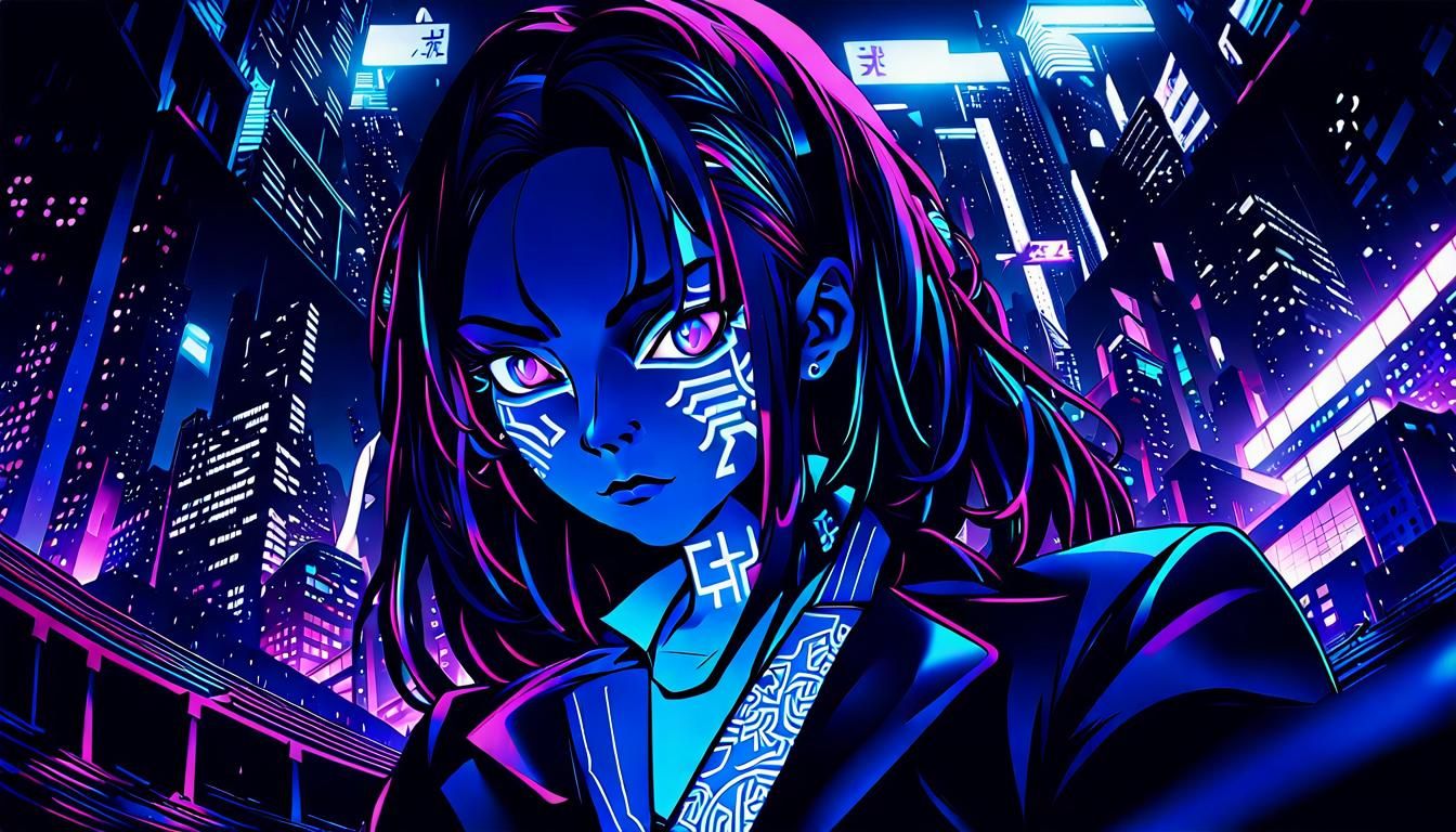 Cyberpunk Anime Girl with Yakuza Tattoo in Neon City