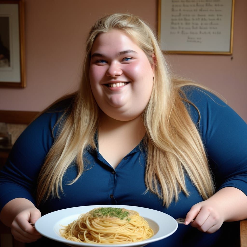 Cheerful Obese Girl Enjoying Pasta