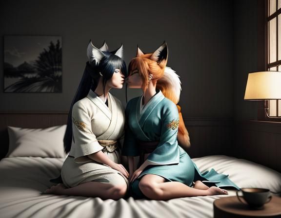 Kitsune Intimacy in Manga-Inspired 3D Rendering