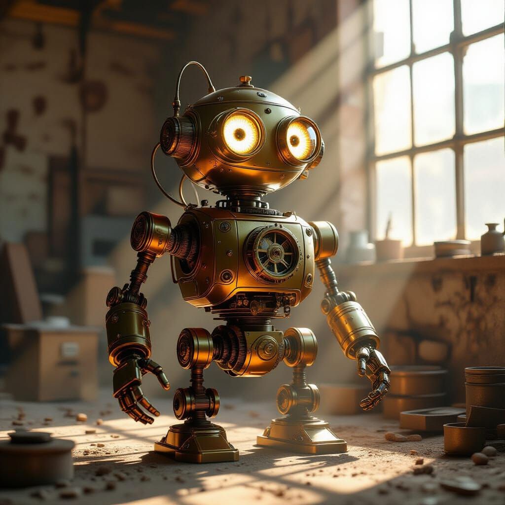 Retro-Futuristic Brass Automaton in Sunlit Workshop