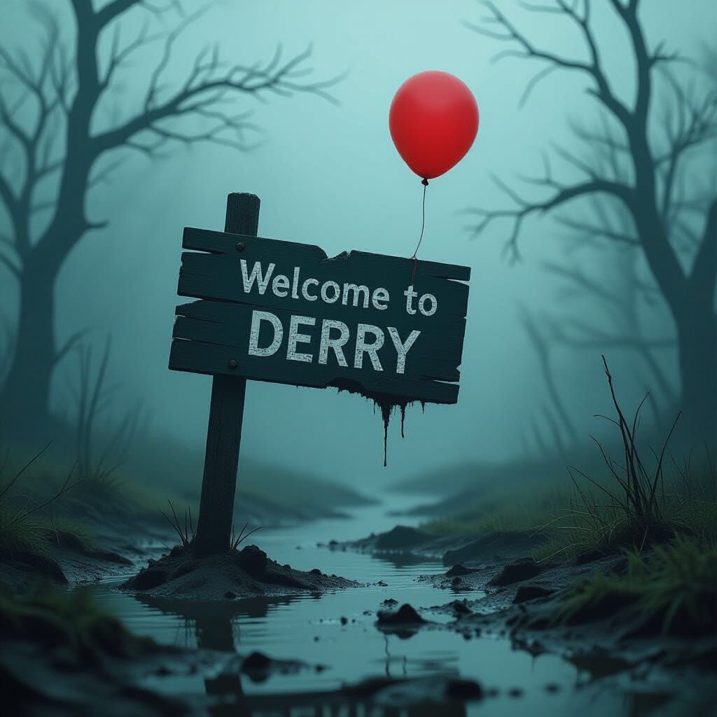 Ominous Derry Sign with Red Balloon in Foggy Landscape