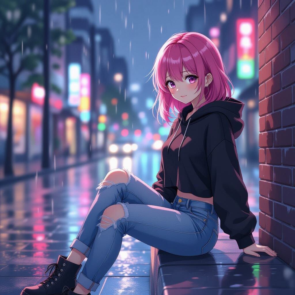 Anime Girl on Brick Wall in Rainy City