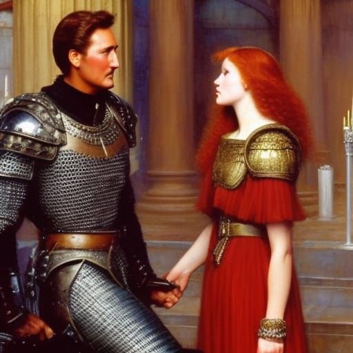 errol flynn knight in chainmail armor kneeling in church with redheaded karen gillian maiden in long gown painting by  j...