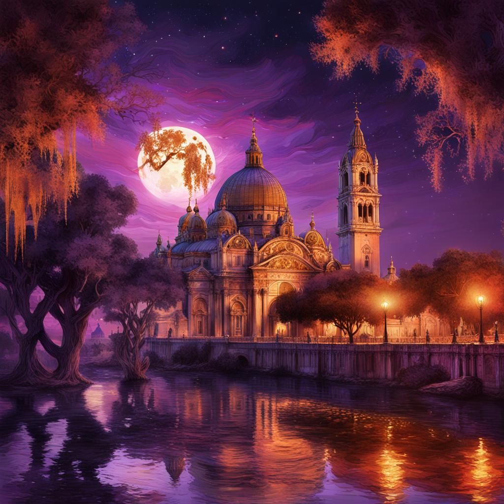 Moonlit Basilica: A Fantastical Digital Painting