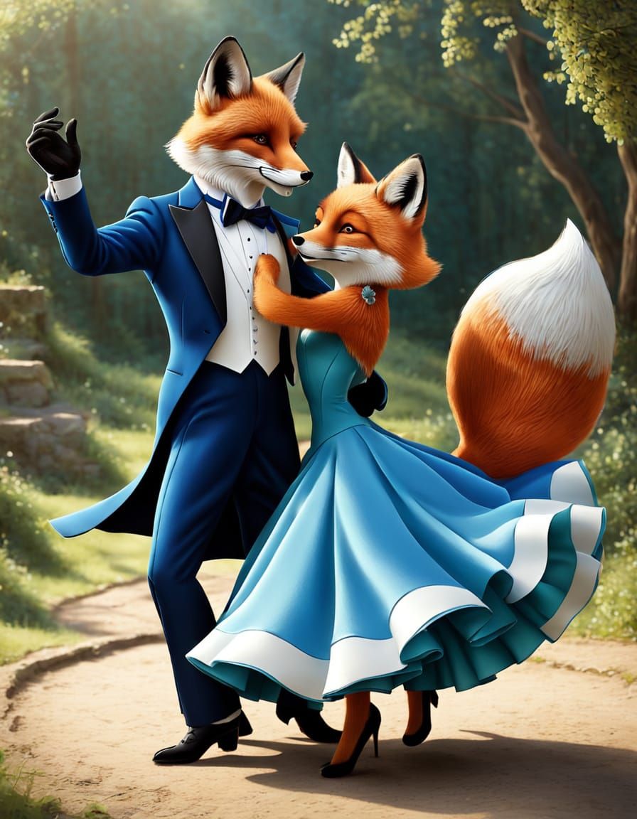 Cartoon Foxes Dancing Foxtrot in Cartoonish Style