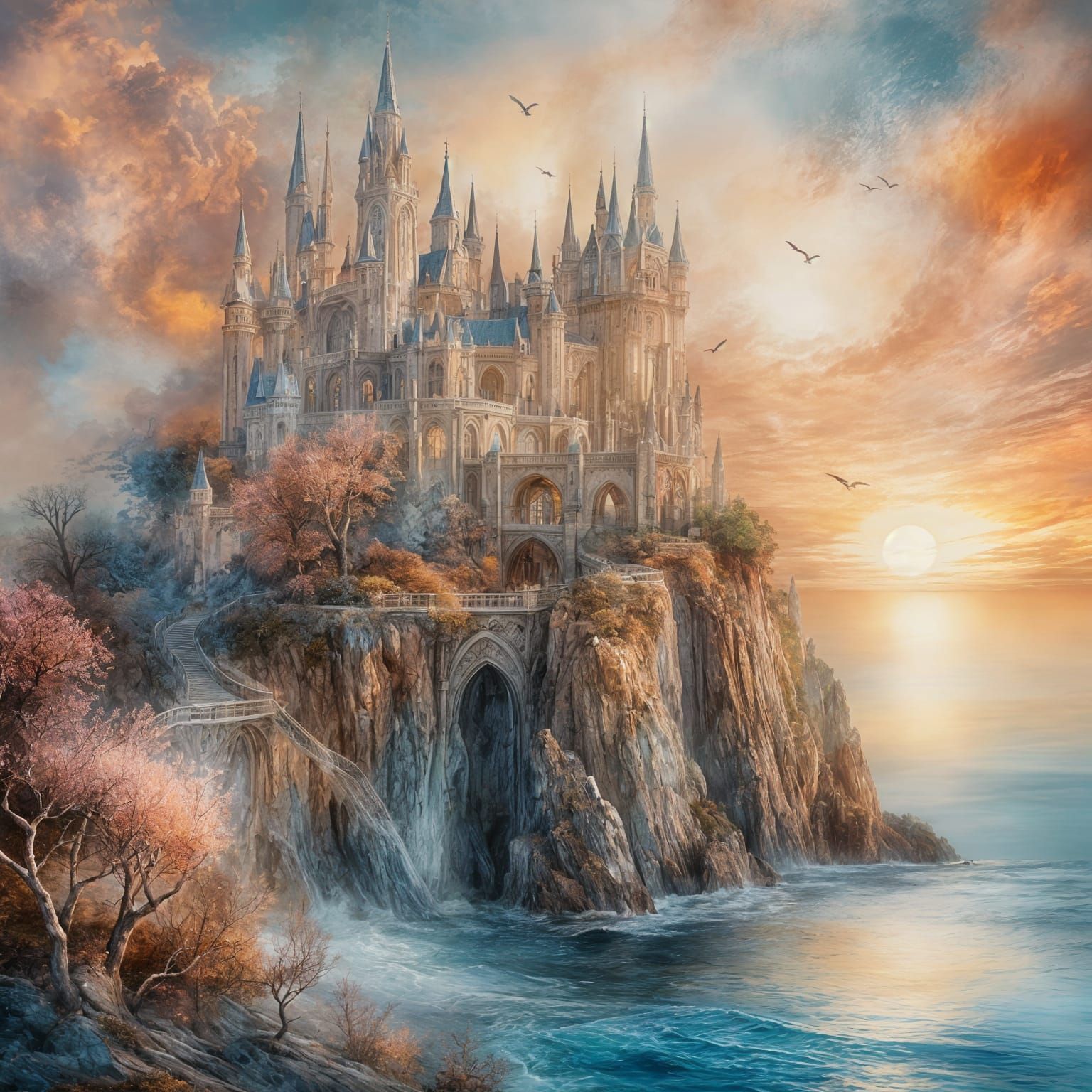 Fantastical Castle on Cliff at Sunset: Fine Art