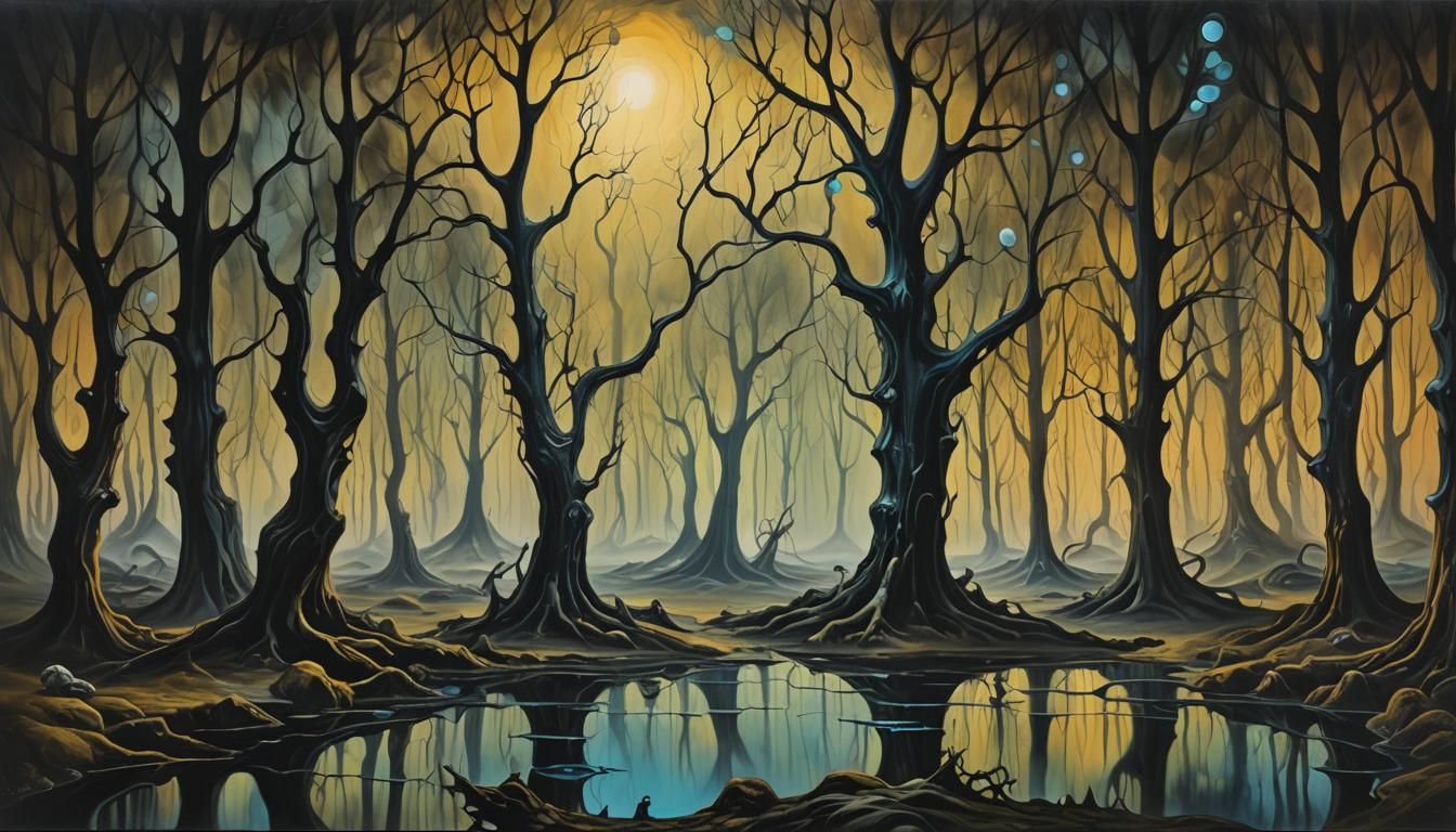 Disturbing Lights in Dark Forest, Surreal Oil Painting