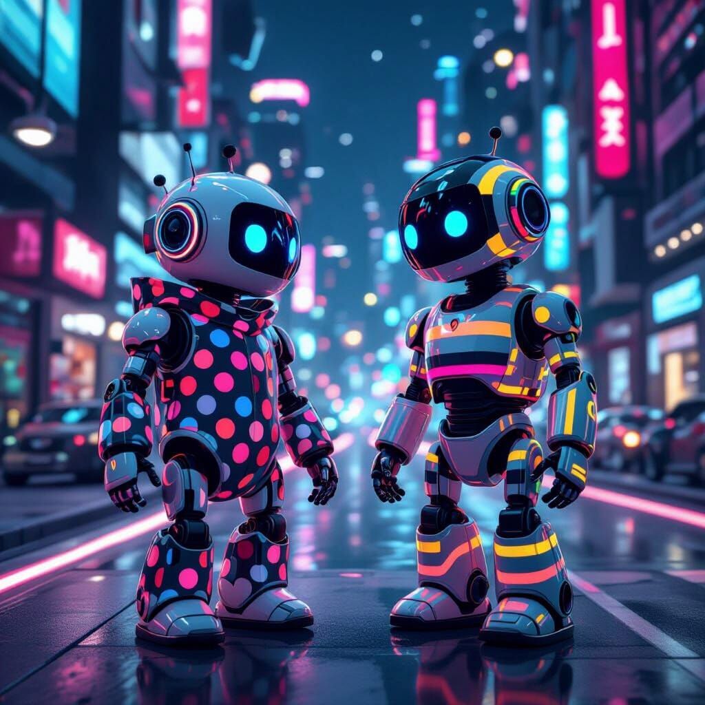 Polka Dot and Stripe AI Robots in Neon Cityscape