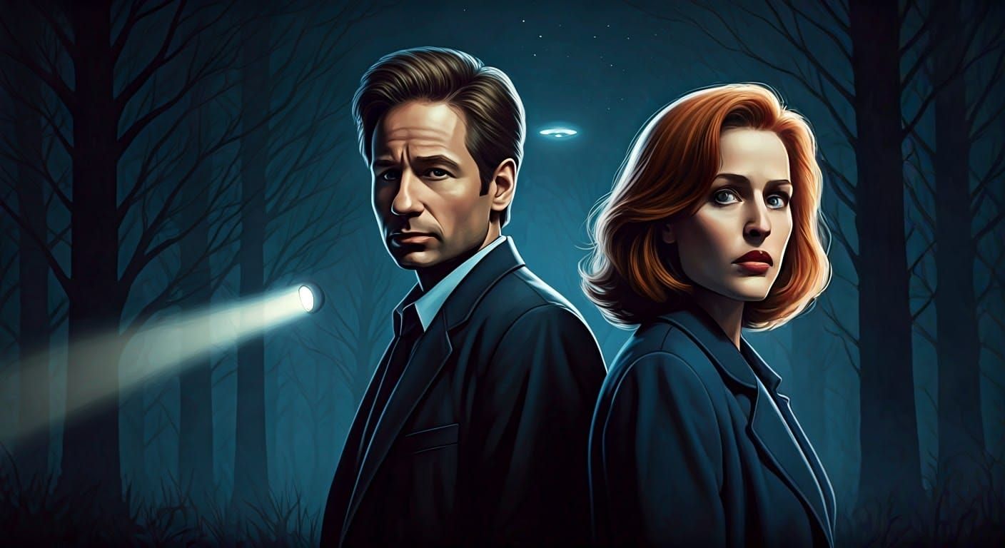 Ethereal Portrait of Mulder and Scully in Moonlit Forest