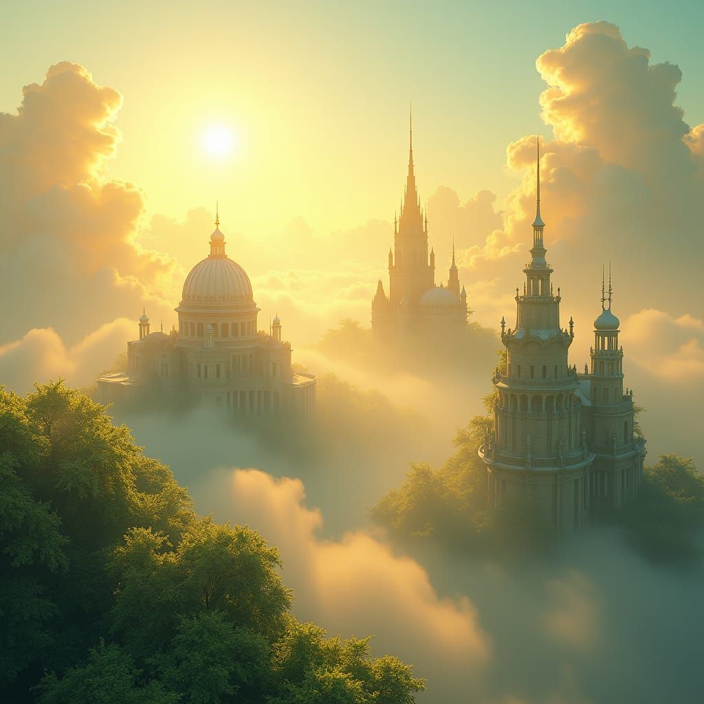 Ethereal Algae Cityscape in Heaven's Light